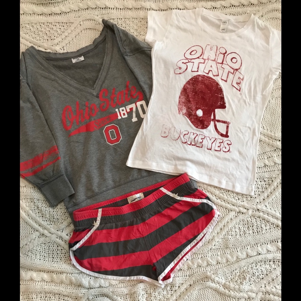 Ohio State sweatshirt, T-shirt and striped shorts